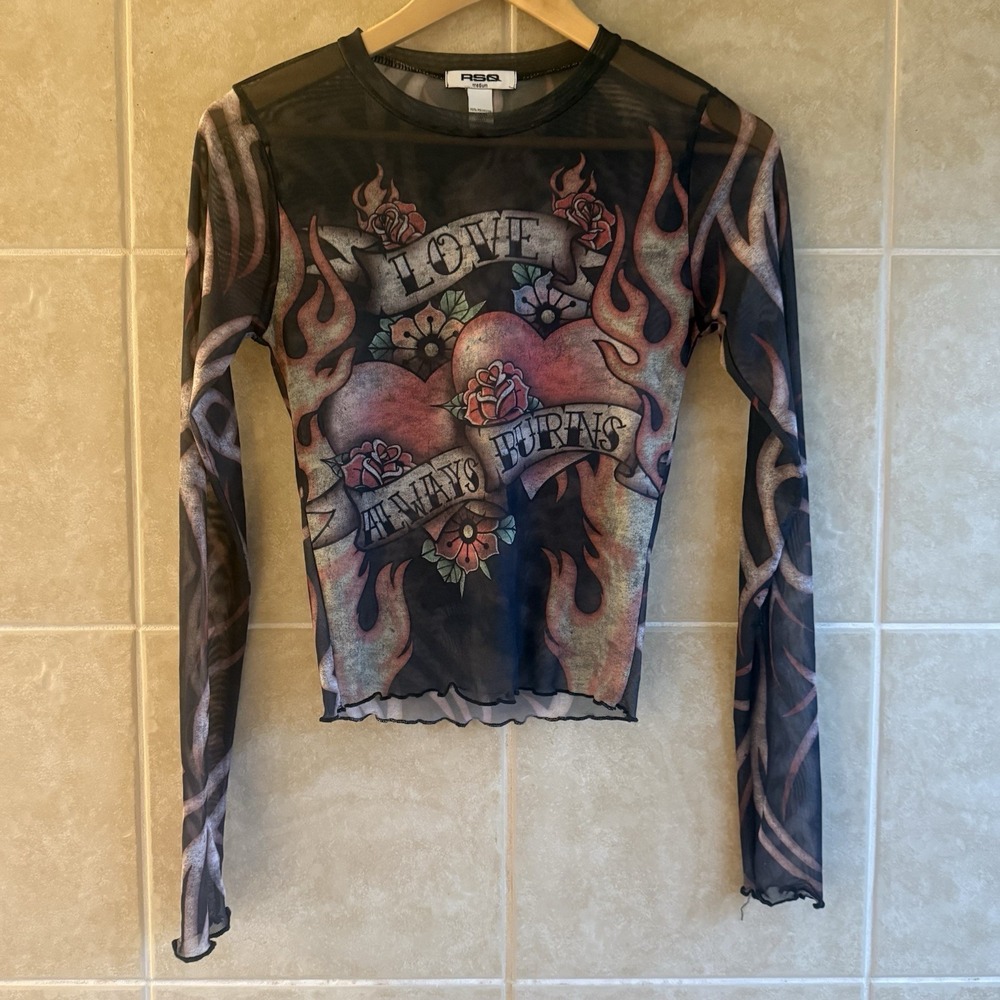 RSQ Black Tattoo Women Mesh Sheer Tee Top Love Always Burns Motorcycl Y2K Medium - Picture 7 of 11